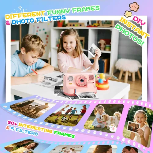Miniatura 5 de Cámara de impresión instantánea para niños, regalos de cumpleaños de Navidad para niñas y niños de 3 a 15 años, cámara de video digital portátil Rosa