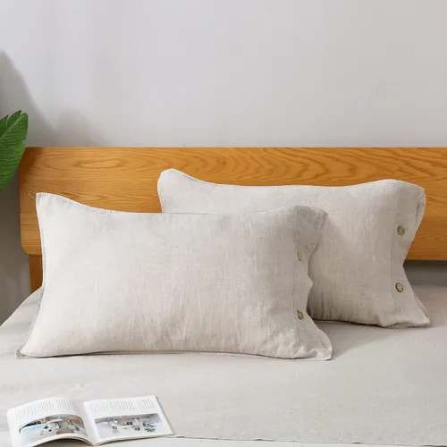 Miniatura 10 de S VICTORY SYMBOL Juego de 2 fundas de almohada de lino 100% orgánico, fundas de almohada de lino natural francés con cierre de botones de coco