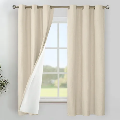 YoungsTex - Cortinas de lino beige 100% opacas para dormitorio de 63 pulgadas de largo, cortinas cortas con aislamiento térmico y ojales para
