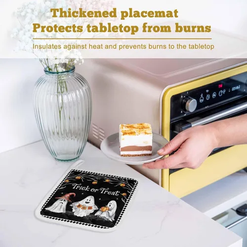 Miniatura 7 de Juego de 2 soportes para ollas de Halloween para cocina, platos de sartén para horno, tapete a prueba de calor con lazo para colgar, agarraderas