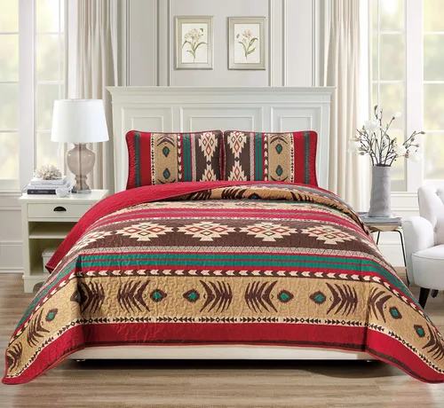 Rugs 4 Less Colcha acolchada con diseño tribal navajo de nativos americanos del oeste del suroeste en Mojave marrón, verde y burdeos (individual)