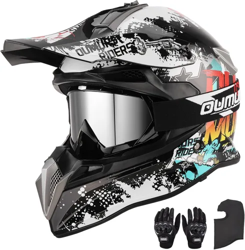 Miniatura 9 de OUMURS DOT Casco de Dirt Bike para Adultos con Gafas, Guantes y Máscara, Visera Solar Ajustable, Casco de Motocicleta ATV Todoterreno Motocross