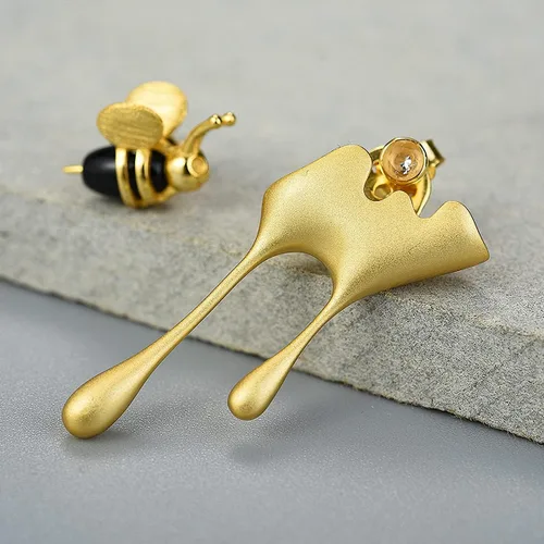Miniatura 4 de Regalo para San Valentín, aretes de plata de ley 925 abeja y miel goteando, aretes asimétricos creativos hechos a mano, joyería única, regalos