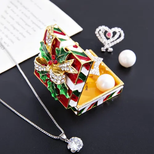 Miniatura 3 de YU FENG Caja de baratija de Navidad con lazo y hojas verdes, decoración de diamantes de imitación esmaltados pintados esmaltados con bisagras