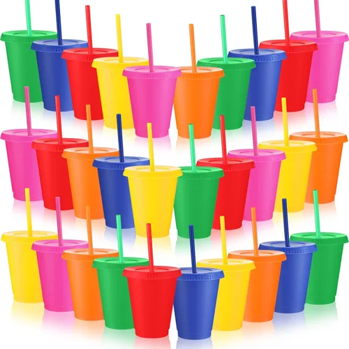 Miniatura 13 de Sieral Paquete de 60 vasos con tapas y pajillas, vasos para niños con pajilla, botella de agua reutilizable, taza de viaje para café helado, vasos