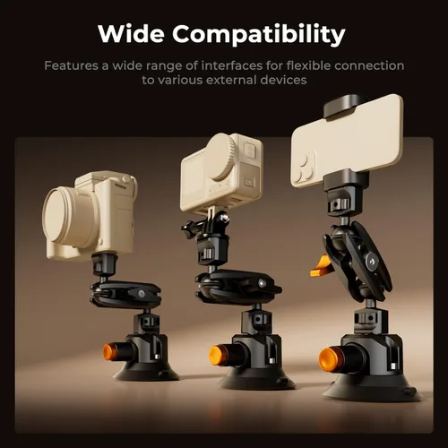 Miniatura 4 de K&F CONCEPT Soporte de coche con triple ventosa para cámara, kit 3 en 1 resistente con ajuste de superficie curva de 15°, poste de extensión