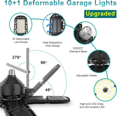 Miniatura 5 de Nexillumi - Paquete de 2 lámparas LED de garaje de 180 W, 36000 lm, luces LED de techo para garaje con base media E26/E27, 6000 K de iluminación