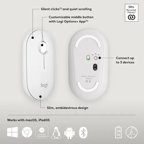 Miniatura 12 de Ratón Logitech Pebble Mouse 2 M350s Slim Bluetooth inalámbrico, portátil, ligero, botón personalizable, clics silenciosos, Easy-Switch para Windows
