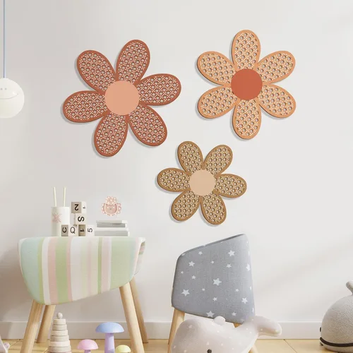 Miniatura 6 de Maitys 3 piezas de decoración de pared de margaritas bohemias, flores de ratán natural, arte bohemio de madera, flores de guardería, decoración