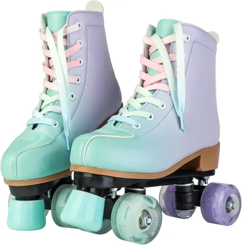 Miniatura 4 de Patines de ruedas para niñas y mujeres, de piel sintética, color verde degradado, morado, con ruedas flash, patines para interiores y exteriores