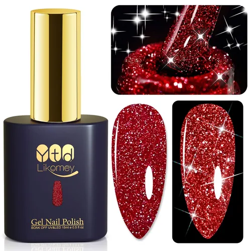 YTD Likomey Esmalte de uñas de gel con purpurina reflectante, 15ml, esmalte de uñas de diamante brillante color rojo, uñas brillantes y brillantes