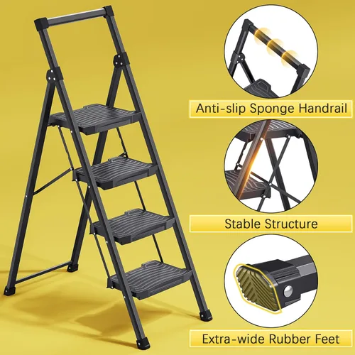 Miniatura 6 de KINGRACK - Escalera plegable de 4 escalones, escalera de 4 pasos con pedal ancho antideslizante y pasamanos, escalera doméstica ligera, aprueba
