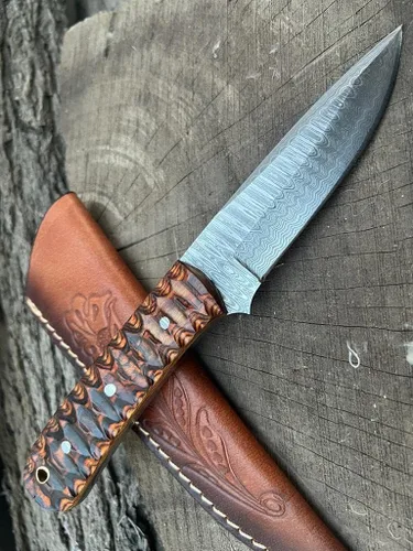 Miniatura 3 de Cuchillo de caza de hoja fija de Damasco con funda – El mejor cuchillo de caza para hombres con mango antideslizante – Cuchillo de supervivencia
