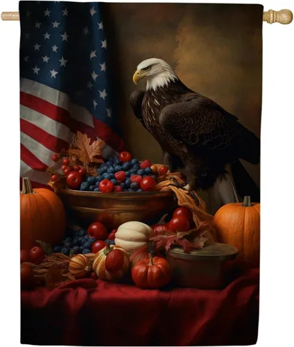 Bandera patriótica de otoño con recompensa de la casa de Acción de Gracias, águila calva para Acción de Gracias, casa de campo americana, decoración
