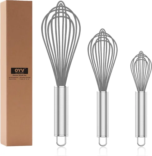 Miniatura 9 de OYV Batidor de silicona, paquete de 3 batidores profesionales para cocinar sin arañazos, acero inoxidable y silicona, batidor de goma de plástico