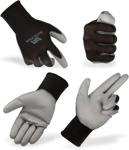 Miniatura 3 de ACKTRA Guantes de trabajo de seguridad ultrafinos de poliuretano 12 pares, WG002 negro/negro, XS