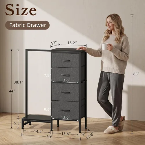 Miniatura 2 de HIGDBFE Cómoda con Perchero Colgante, 4 Cajones Armario Pequeño para Dormitorio, Cómoda de Tela Reversible para Niños con Perchero, Torre de Gris