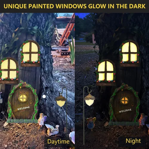 Miniatura 3 de Accesorios de jardín de hadas en miniatura: brilla en la oscuridad puerta y ventanas de hadas para árboles, adorno de jardín de resina verde