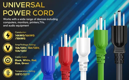 Miniatura 7 de Cable Leader Cable de alimentación de CA de 18 AWG, IEC320 C13 a NEMA 5-15P, cable de alimentación de 3 clavijas resistente de 125 V 10A/15 A