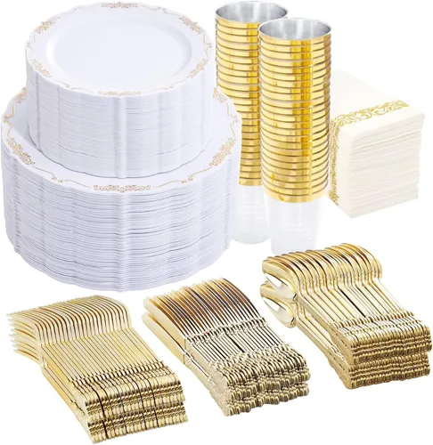 Miniatura 10 de LIYH 350 platos de plástico negro y plateado, juego de vajilla de plástico plateado, cubiertos desechables, platos negros con servilletas, 350