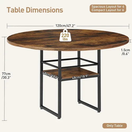 Miniatura 2 de RALGEND Mesa de comedor redonda de 47.2 pulgadas para 4, mesa de cocina de madera de granja con almacenamiento, mesa de comedor circular que ahorra