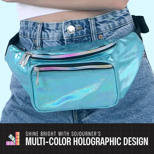 Miniatura 4 de SoJourner Riñonera holográfica para festivales, mujeres, hombres, bonitos bolsos de cinturón de moda, Glittler Azul Claro), A-13