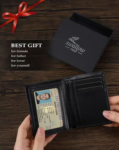 Miniatura 20 de Swallowmall AirTag Billetera para hombre con bloqueo RFID, de piel auténtica, plegable, para AirTag con 1 ventana de identificación, 13 tarjeteros