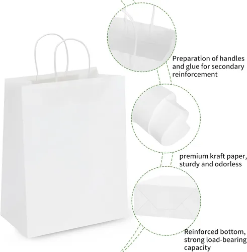 Miniatura 3 de Moretoes Bolsas de papel con asas, 100 unidades de 10 x 5 x 13 pulgadas, bolsas de regalo de papel kraft blancas a granel para compras, venta al por