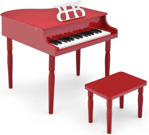 Miniatura 14 de HONEY JOY Piano clásico para niños, mini piano de cola de 30 teclas con soporte de música y banco, juguete de instrumento musical de madera con tapa