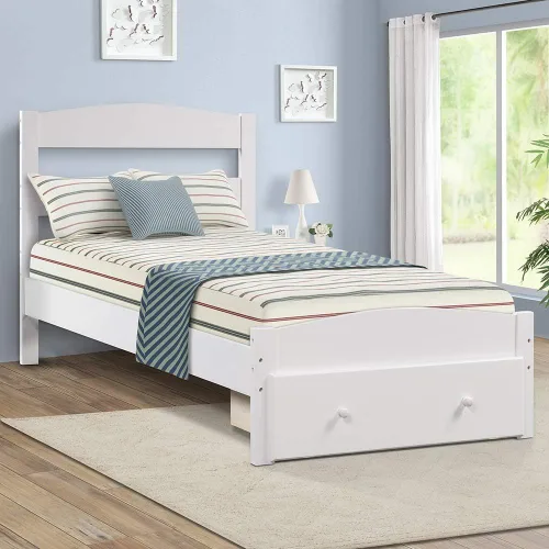 Miniatura 3 de Merax Base de cama individual con cajón de almacenamiento y soporte de listones de madera, sin somier, color blanco