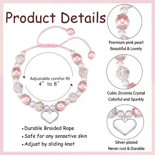 Miniatura 2 de Jeka Pulseras de diamantes de imitación para niñas de flores, pulseras con dije de corazón de perlas rosadas, pulseras de regreso a la escuela