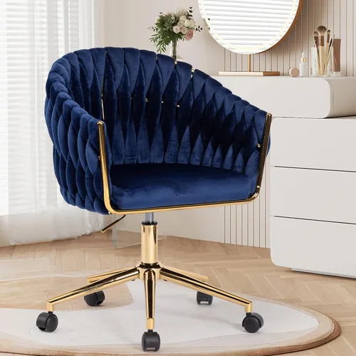 Miniatura 13 de Silla de Oficina de Terciopelo con Respaldo Tejido a Mano, Sillas de Escritorio de Tocador con Ruedas Doradas, Silla de Escritorio Giratoria