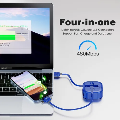 Miniatura 3 de Cable de Carga Múltiple de 4.5A, 4 Pies/Paquete de 2 Cargadores Múltiples para Todos los Dispositivos Cable Retráctil 3 en 1 para Automóvil Cable