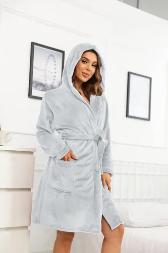 Miniatura 4 de U2SKIIN Bata de felpa corta con capucha para mujer, con capucha, suave y cálida bata de baño para spa