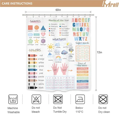 Miniatura 3 de Cortina de ducha educativa para niños, 60 pulgadas de ancho x 72 pulgadas de alto, estilo bohemio, acuarela, alfabeto, números pastel, formas