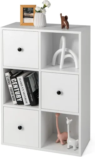 GOFLAME Estantería de pie, organizador de almacenamiento de 3 niveles con 3 cubos y 3 cajones, estantería moderna con dispositivo anti-caída, para