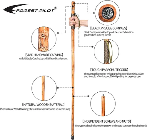 Miniatura 2 de FOREST PILOT Bastón desmontable de madera de abeto para senderismo con brújula de 55 pulgadas, con talla de animales, correa de mano suave, cubierta
