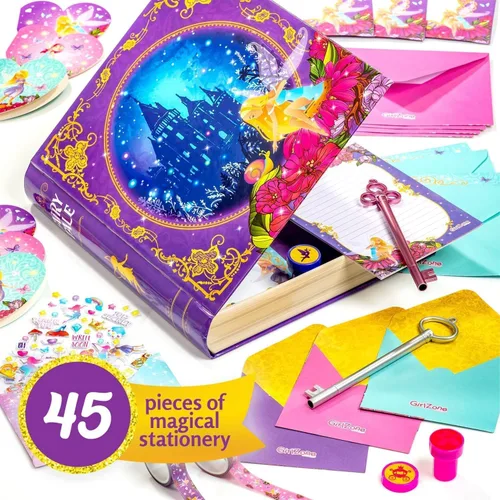 Miniatura 2 de GirlZone Princess Stationery Set - Juego de 45 piezas para escribir letras de cuento de hadas, papel multicolor con letras de hadas y sobres, sellos