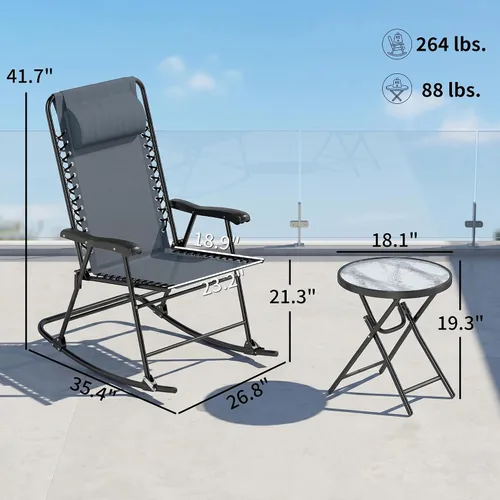 Miniatura 7 de Outsunny Juego de 3 piezas de mesa mecedora para exteriores, juego de mesa plegable para patio con mesa de centro de cristal para patio, terraza