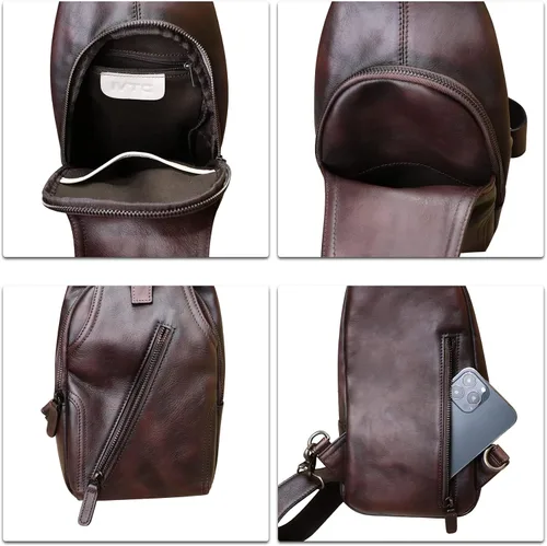 Miniatura 7 de Bolso bandolera de cuero genuino para mujeres y hombres, estilo vintage, de cuero real, a la moda, bandolera, Café