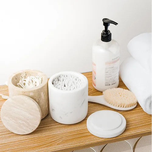 Miniatura 6 de Travertine Dispensador de Hisopos con Tapa para Hisopos de Algodón, Bolas, Almohadillas, Palillos de Hilo Dental, Frasco de Boticario de Mármol