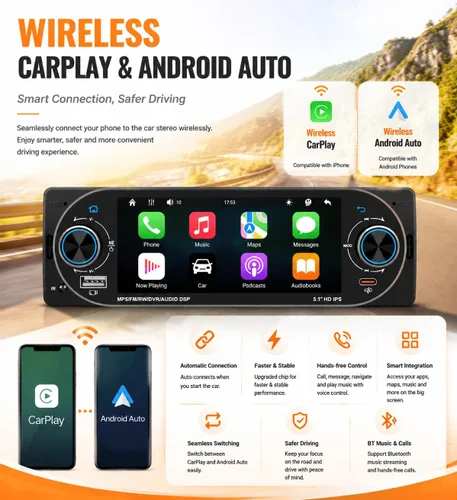 Miniatura 2 de Estéreo inalámbrico para automóvil de 5.1 pulgadas, Apple CarPlay, Android Auto, pantalla táctil IPS, Bluetooth 5.2, FM/AM/RDS, carga rápida USB