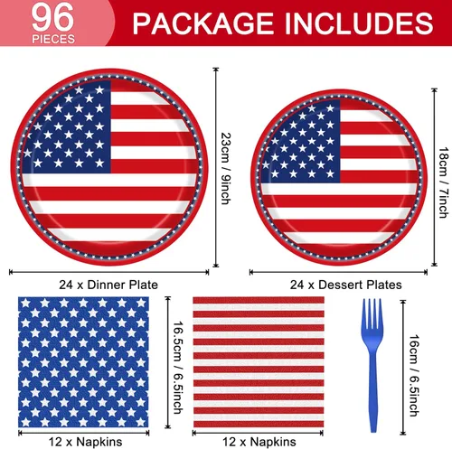 Miniatura 2 de 96 piezas de platos y servilletas de papel con bandera americana para fiesta patriótica y tenedores, suministros desechables para mesa, juego