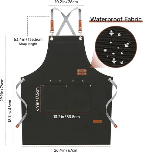 Miniatura 5 de Delantales de chef para hombres y mujeres con bolsillos grandes, lona de algodón, espalda cruzada, ajustable, para cocinar, trabajo, impermeable
