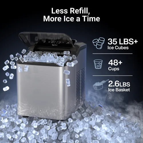 Miniatura 4 de Typhur Máquina de hielo de pepita rápida con bomba de autolimpieza, máquina de hielo de guijarros triturados de 35 libras/24 horas con hielo
