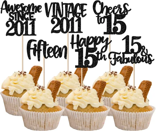 Miniatura 101 de Rsstarxi Paquete de 24 adornos para cupcakes vintage 2019 con purpurina negra para 5º cumpleaños, saludos a 5, cinco, 5, 5 fabulosos para cupcakes