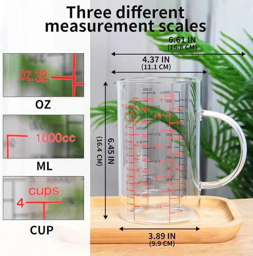 Miniatura 5 de 77L Taza medidora de vidrio, [escala de medición doble cara, mango aislado, pico en forma de V], taza medidora de vidrio de borosilicato de alta
