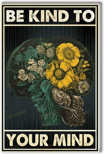 Miniatura 10 de TSEZLOJH Lienzo decorativo para pared, diseño de flores con texto en inglés «Be Kind to Your Mind», diseño retro para tus familiares y amigos, marco