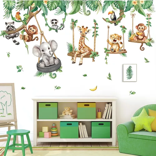 Miniatura 3 de decalmile Pegatinas de pared de animales de la selva en columpios, animales de safari, elefante, jirafa, mono, hojas tropicales, calcomanías