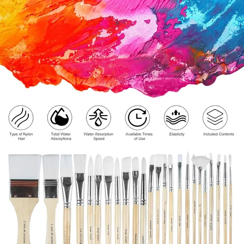 Miniatura 7 de Juego de 24 pinceles de pintura con mango de madera con estuche de pincel de lona, profesional para pintura al óleo, acrílico y acuarela